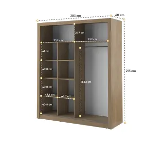 LUX VIII - Elegant Two Mirrored Sliding Door Wardrobe (H2150mm W2030mm D610mm) With Shelves - Oak Shetland