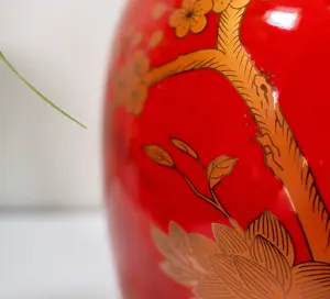 Red Gold Ceramic Table Lamp with Pleated Shade