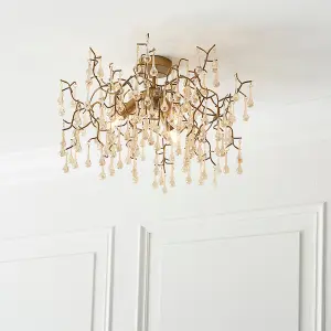 Aged Gold Semi Flush Ceiling Light with Glass Droplets 3 Bulb Low Hanging Light