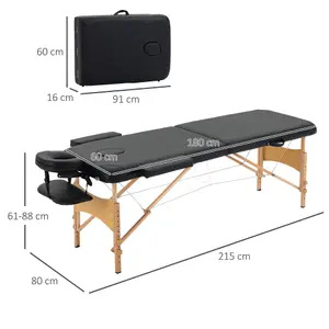 HOMCOM Wooden Folding Spa Beauty Massage Table w/ 2 Sections, Carry Bag, Black