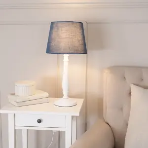 ValueLights Victoria Traditional White Wood Candlestick Table Lamp with Navy Blue Tapered Shade