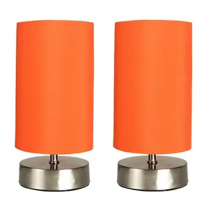 ValueLights Francis Pair of Satin Touch Dimmer Bedside Table Lamps with Orange Cylinder Light Shades