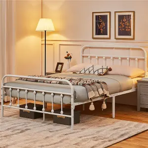 Yaheetech White 4ft6 Double Vintage Metal Bed Frame with High Headboard and Footboard