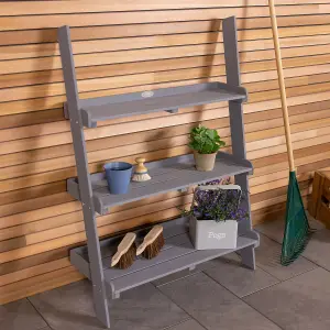 Charles Bentley FSC Wide Wooden Ladder Planter - Grey 3 Shelves