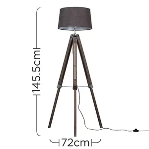 ValueLights Clipper Wood and Silver Chrome Tripod Floor Lamp with Grey Tapered Shade - Complete with 6w LED GLS Bulb In Warm White