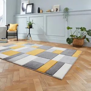 Grey and Yellow Easy to Clean Geometrical Modern Rug for Living Room, Bedroom, Dining Room - 120cm X 170cm