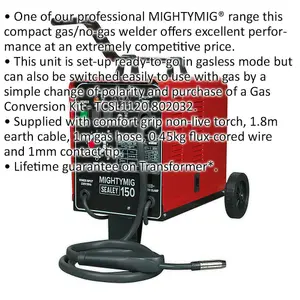 150A Gas / No-Gas MIG Welder - 1.8m Earth Cable - Non-Live Torch - 230V Supply