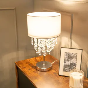 ValueLights Lulu Grey Fabric Table Lamp with Acrylic Jewel Droplet Drum Shade Bedside Lamp