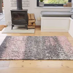 Blush Pink Grey Distressed Abstract Scandi Shaggy Living Area Rug 80x150cm