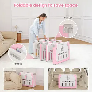 12+2 Panel Baby Foldable Playpen with Safety Gate 25 Sq.ft - Pink White