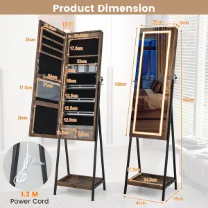 Costway LED Standing Jewelry Mirror Cabinet Lockable Jewelry Armoire w/ 3-Color Lighted Mirror