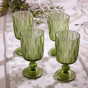 Set of 4 Vintage Luxury Green Trailing Leaf Drinking Goblet Glasses 350ml