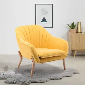 Yellow Faux Wool Upholstered Scallop Back Armchair with Wooden Legs