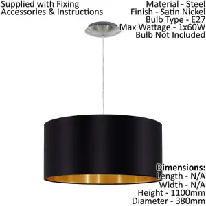 Pendant Ceiling Light Colour Satin Nickel Steel Shade Black Gold Fabric Bulb E27 1x60W