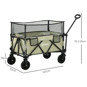 Outsunny 180L Folding Garden Trolley Wagon Cart w/ Extendable Side Walls, Khaki