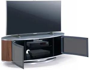 MDA Designs LUNA Grey Oval Cabinet with Walnut Profiles and Grey BeamThru Glass Doors Suitable for Flat Screen TVs up to 50"