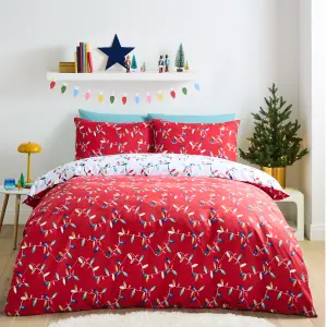 Catherine Lansfield Christmas Lights Soft Microfibre Reversible King Duvet Cover Set with Pillowcases Red