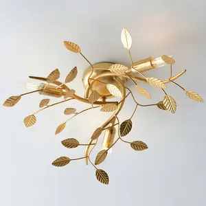 Gold Leaf Flush Ceiling Light - 3 Bulb Decorative Fitting - Low Profile Lighting