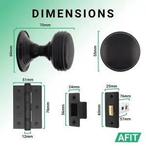 AFIT Lined Door Knob Set Matt Black - 1 Pair of Mortice Knobs (55mm), Latch (76mm) & Hinges (76mm) for Internal Doors