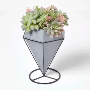 Homescapes Artificial Cactus and Succulent Arrangement in Decorative Geometric Grey Pot, 31 cm Tall