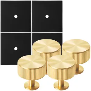 4 PACK - Cabinet Door Knob & Contrasting Backplate Set - Reeded Kitchen Pull - Satin Brass & Matt Black