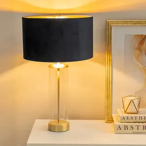 ValueLights Balan Glass with Gold Table Lamp and Black Velvet with Metallic Gold Inner Lamp Shade and LED Bulb