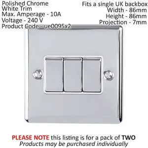 2 PACK 3 Gang Triple Metal Light Switch POLISHED CHROME 2 Way 10A White Trim