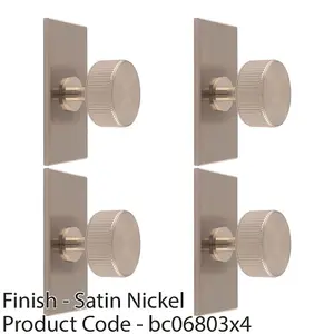 4 PACK - Reeded Radio Cabinet Door Knob & Matching Backplate Lined Satin Nickel 76 x 40mm