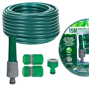 Garden Hose & Spray Nozzles 5 Piece Set 15m Reinforced Pipe Roots & Shoots