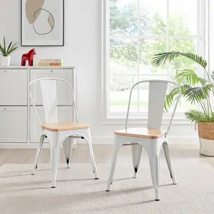 Furniturebox Set of 2 White Colton Tolix Style Stackable Industrial Metal Dining Chair With Pine Seat