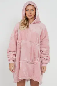 Oversized Wearable Blanket Hoodie Teddy Fleece Fluffy Sherpa Hooded Sweatshirt Blanket with Pocket for Men & Women (Blush Pink)