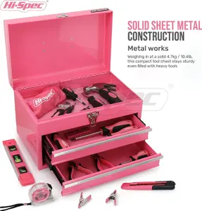 Hi-Spec Pink Steel Metal Chest & Drawers Tool Organiser Box / Carry Case: High-Gloss Finish Portable Storage for Everyday Use