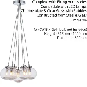 Multi Light Ceiling Pendant CHROME & GLASS 7 Bulb Modern Round Shade Drop Lamp