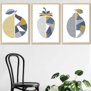 Set of 3 Geometric Fruit Strawberry Blue Yellow Wall Art Prints / 50x70cm / Oak Frame