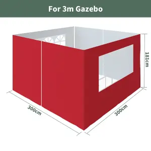 SunDaze Pop Up Gazebo Side Panels 3x3m 4 Piece Replacement Exchangeable Wall Panels with zipper and Window Red