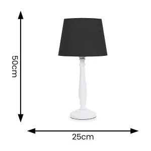 ValueLights Victoria Traditional White Wood Candlestick Table Lamp with Black Tapered Shade - LED Bulb Included