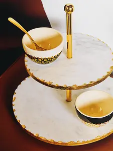 Maison by Premier 2 Tier White Marble And Gold Finish Cake Stand