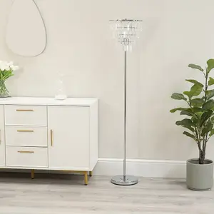 ValueLights Kelsks Chrome Floor Lamp with a Clear Acrylic Jewel Droplet Lampshade - LED Bulb Included