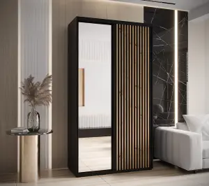 Sapporo II Chic Black Matt Mirrored Sliding Door Wardrobe -  Space-Saving Storage Solution (H)2050mm (W)1300mm (D)600mm