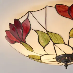 Tiffany Glass Semi Flush Ceiling Light Red Flower Round Inverted Shade i00035