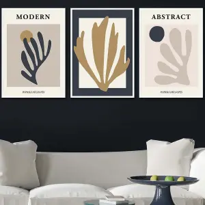 Set of 3 Matisse Style Floral Cut Out Navy & Yellow Wall Art Prints / 50x70cm / White Frame