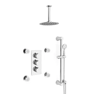 Flora Round 3 Way Concealed Thermostatic Shower Mixer Valve, Shower Head, Body jets, Handset, Slider Rail kit Set Chrome