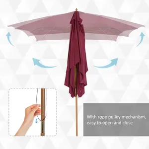 Outsunny Wooden Garden Parasol Sun Shade Patio Umbrella Canopy Wine Red