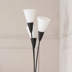 ValueLights Kristina Black 3 Arm Floor Lamp with White Frosted Glass Shades - LED Bulb Included