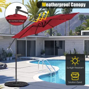 Costway 3 x 3m Cantilever Parasol Backyard Patio Offset Umbrella w/ 32 Solar-Powered LED Lights