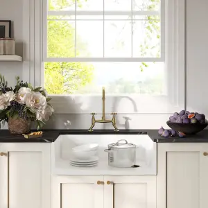 Fireclay Kitchen Bundle - Single Bowl Belfast Sink, Strainer Waste & Bridge Crosshead Tap, 795mm - Brushed Brass - Balterley