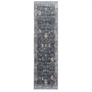 Blue Beige Traditional Floral Soft Fringed  Runner Rug 60x240cm