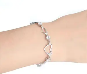 Trendy Sterling Silver Bracelet For Women With Heart Shaped Charm & Stones