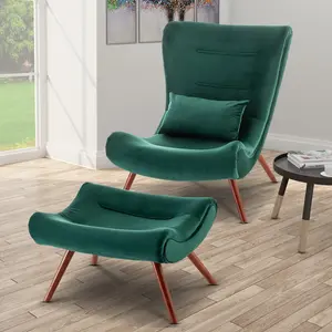 Velvet Emerald Green Katia Accent Chair with Footstool