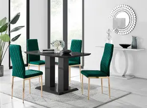 Furniturebox Imperia 4 Modern Black High Gloss Dining Table and 4 Green Velvet Milan Gold Leg Chairs